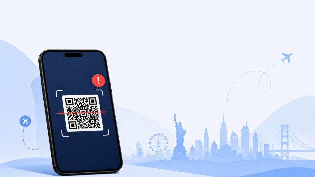 Phone screen showing a QR code with a scanning error indicator