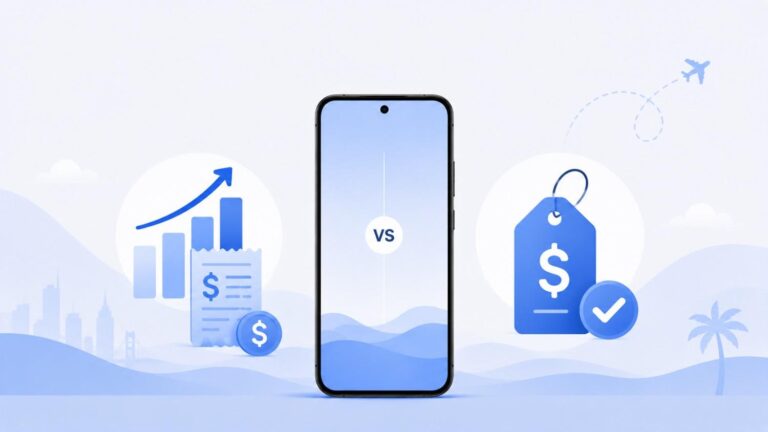 Smartphone with cost comparison icons representing eSIM versus roaming pricing