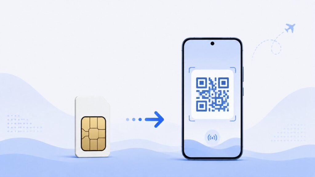 Physical SIM card next to a smartphone showing digital eSIM QR code activation