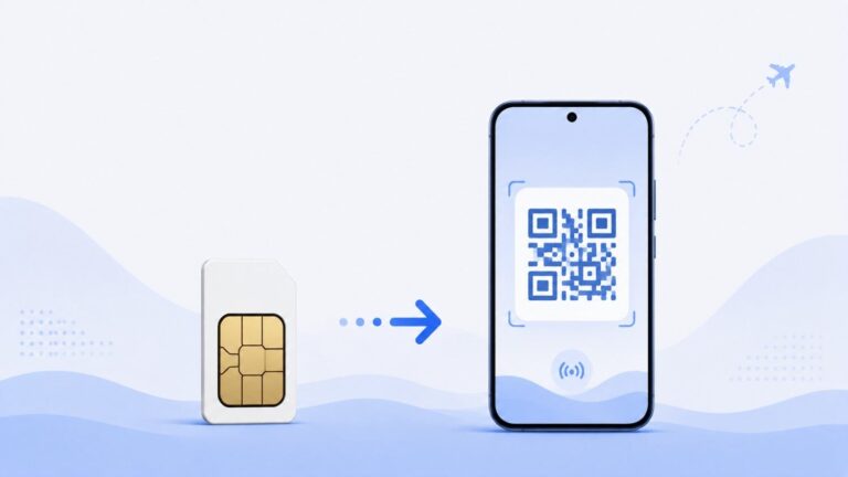Physical SIM card next to a smartphone showing digital eSIM QR code activation