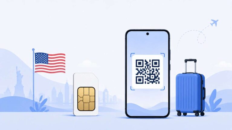 Physical SIM card and smartphone with QR code representing USA travel connectivity options