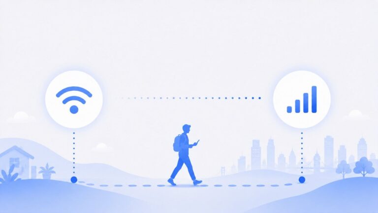 Person walking between WiFi and cellular signal icons representing connectivity while traveling