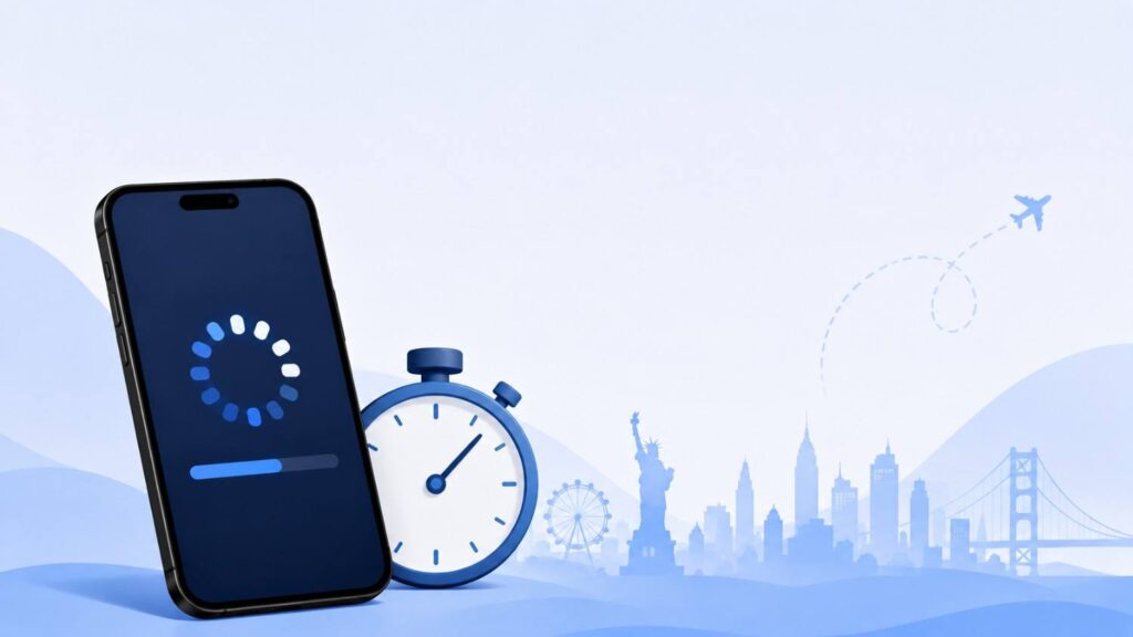 Smartphone screen showing eSIM activation in progress with a clock icon