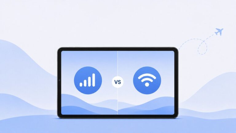 Tablet silhouette with cellular signal and WiFi icons showing eSIM version comparison