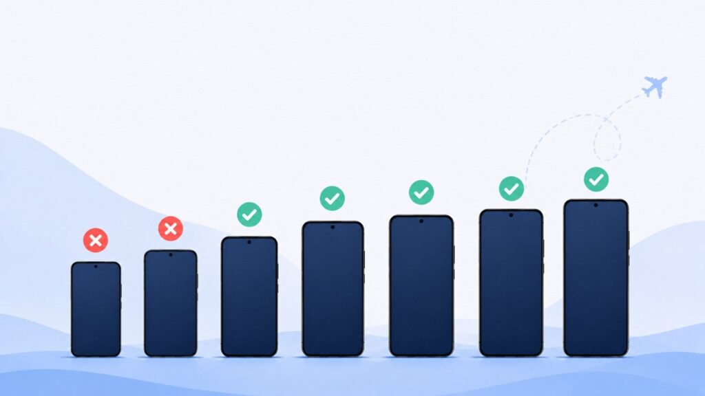 Row of smartphones showing eSIM compatibility checkmarks and X marks