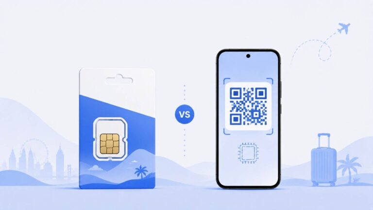 Prepaid SIM card package next to a smartphone showing digital eSIM activation