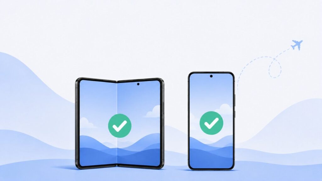 Samsung Galaxy smartphone and foldable phone silhouettes with eSIM compatibility checkmarks