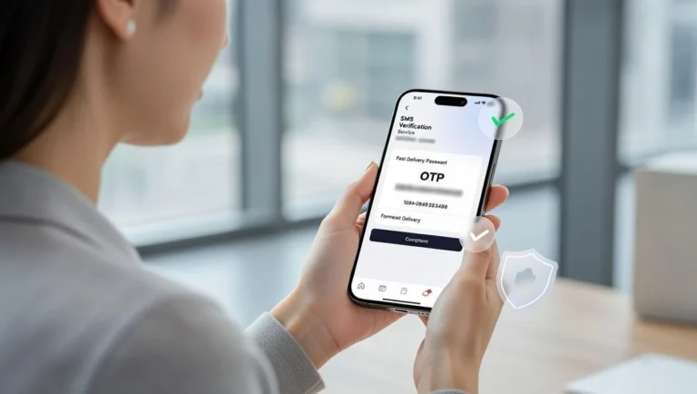 A woman holding a smartphone receiving an SMS verification code with a blurred OTP and masked phone number, representing a secure SMS verification code service in 2026.