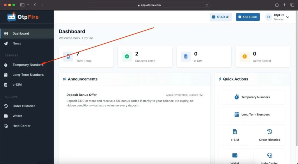 OtpFire dashboard showing Step 1: Sign in and navigate to Temporary Numbers section.